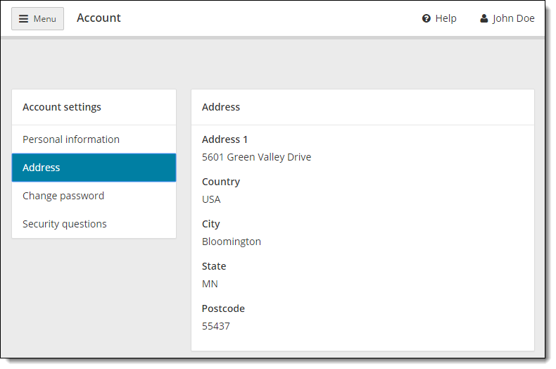 Account settings page. View Address for the user.